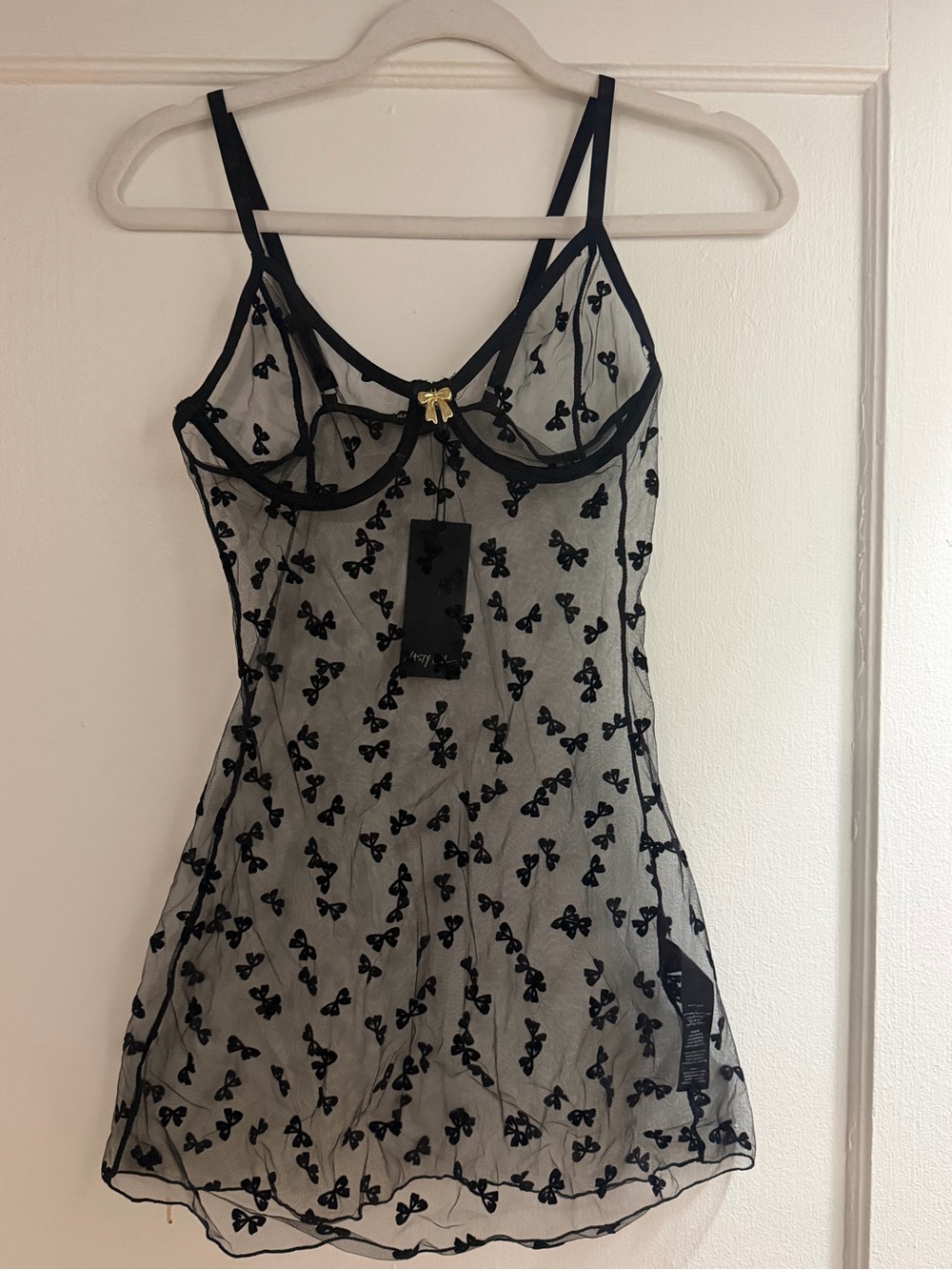 NWT Nasty Gal Sheer Black Bow-Print Mesh Chemise with Gold Accent